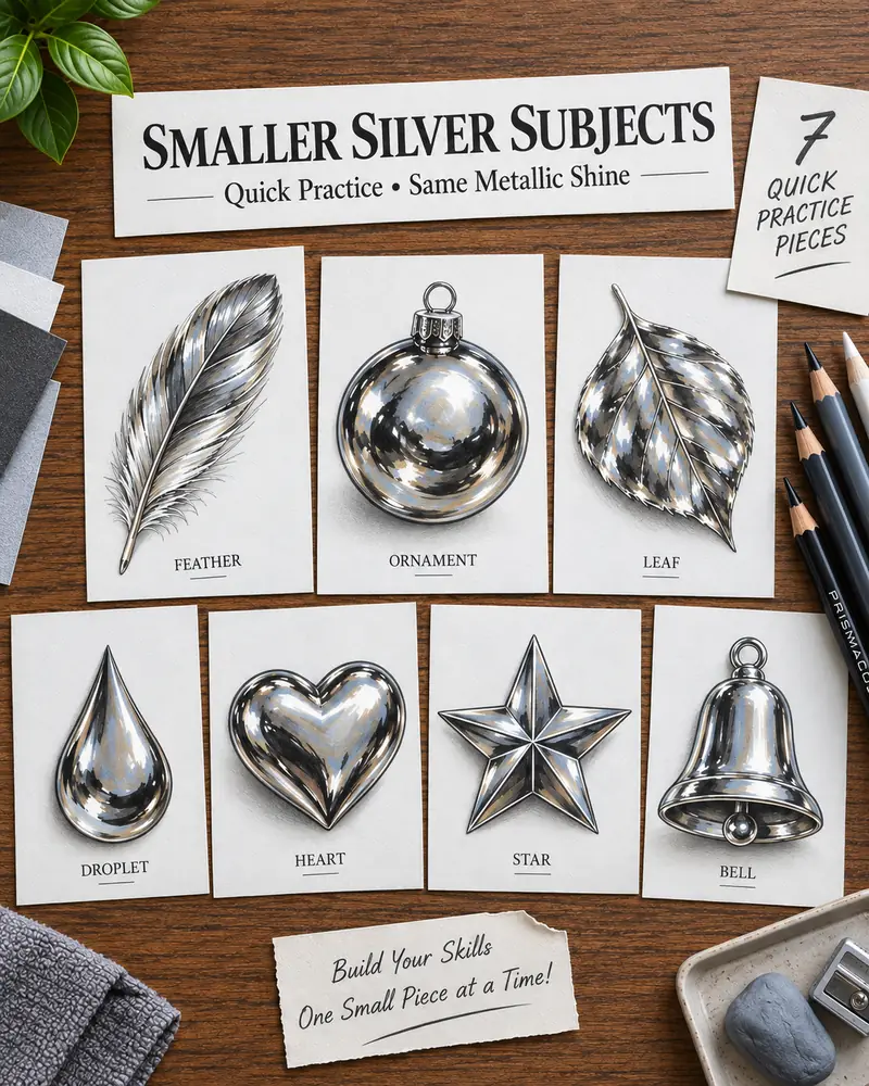 Smaller Silver Subjects: a feather, ornament, leaf, droplet, heart, star, and bell drawn with the same silver metallic technique