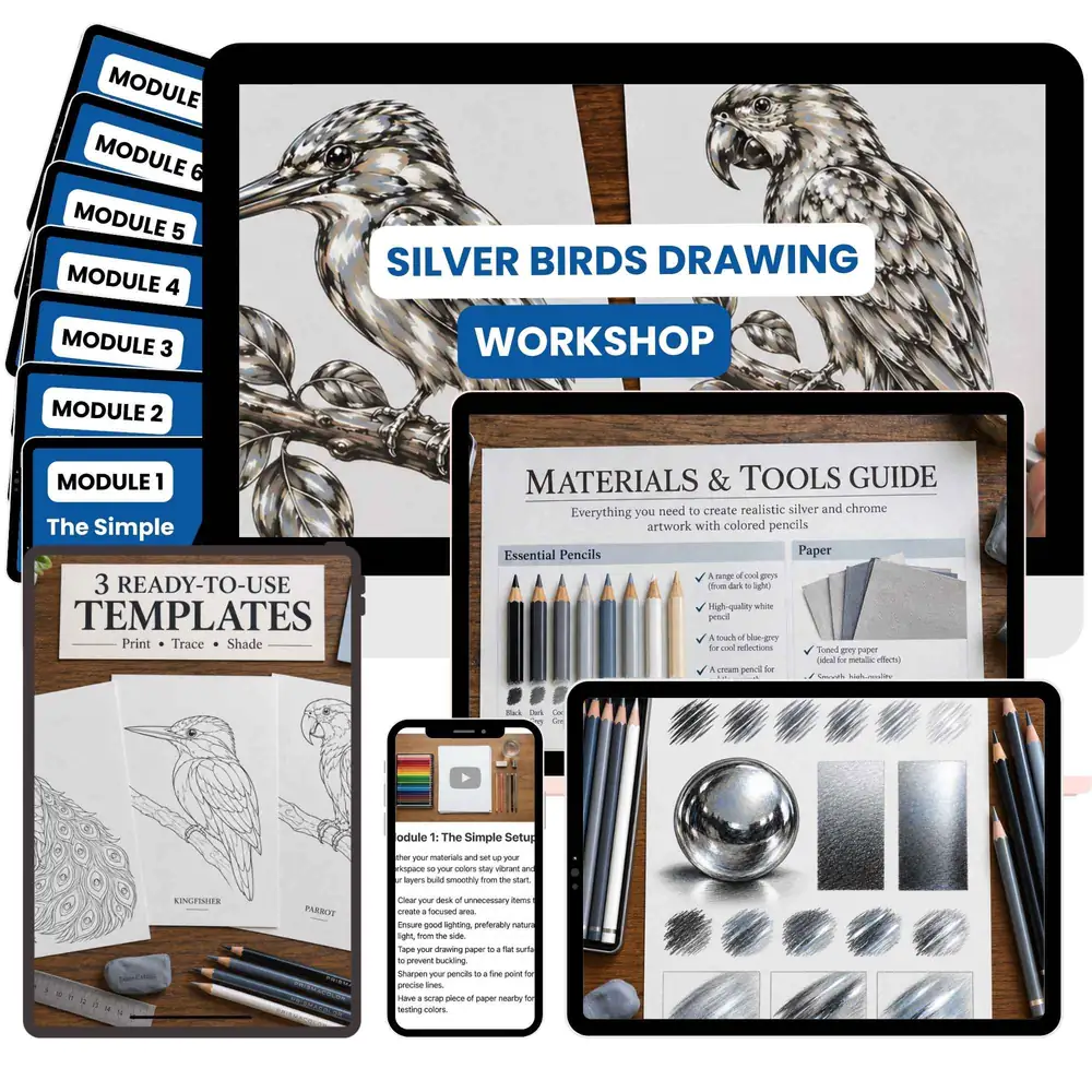 The Silver Birds Drawing Workshop shown across desktop, tablet, and phone