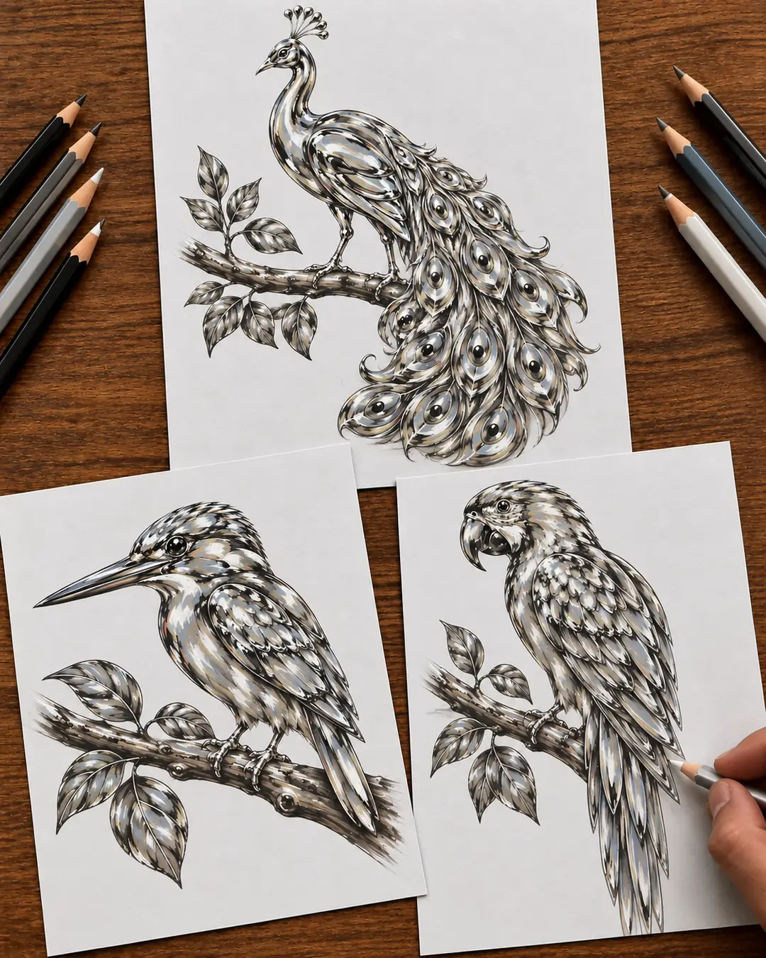 Finished silver peacock, kingfisher, and parrot drawings made with colored pencils